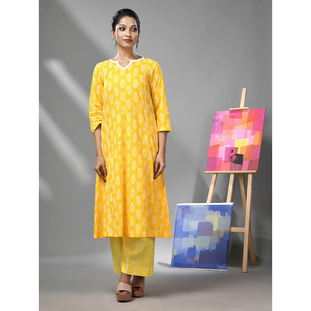 CHARUKRITI Yellow Cotton Ethnic Prints Kurta and Palazzo (Set of 2)