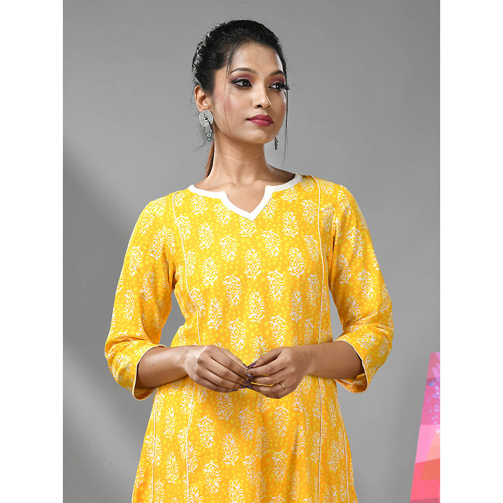 CHARUKRITI Yellow Cotton Ethnic Prints Kurta and Palazzo (Set of 2)