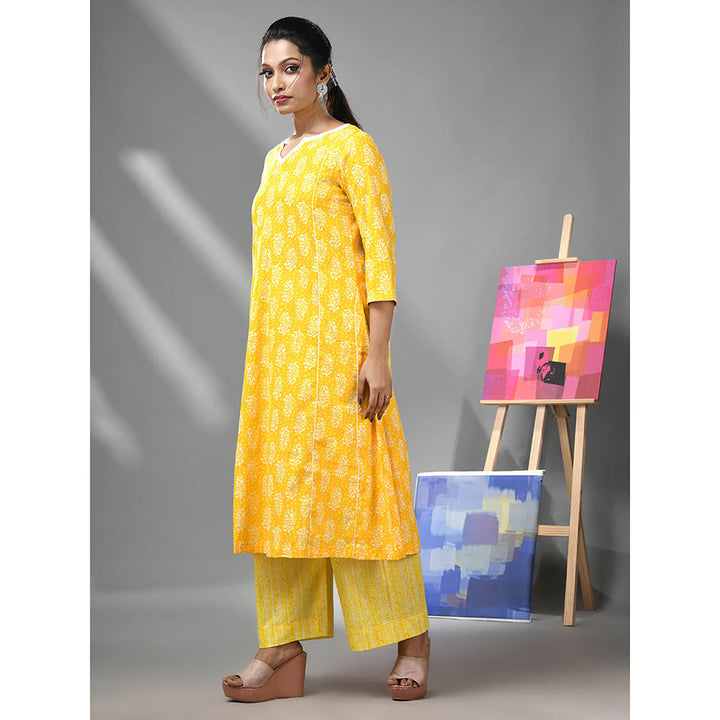 CHARUKRITI Yellow Cotton Ethnic Prints Kurta and Palazzo (Set of 2)