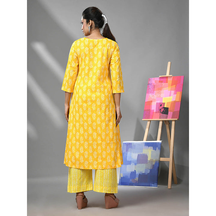 CHARUKRITI Yellow Cotton Ethnic Prints Kurta and Palazzo (Set of 2)