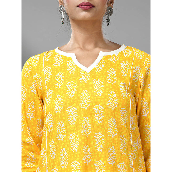 CHARUKRITI Yellow Cotton Ethnic Prints Kurta and Palazzo (Set of 2)