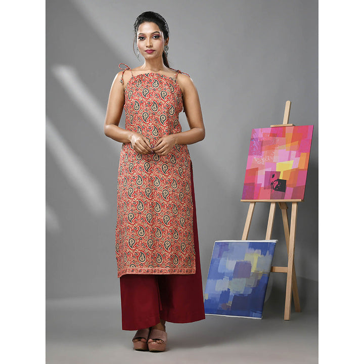 CHARUKRITI Red Cotton Paisley Printed Kurta with Noodle Straps and Palazzo (Set of 2)