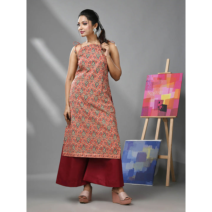 CHARUKRITI Red Cotton Paisley Printed Kurta with Noodle Straps and Palazzo (Set of 2)