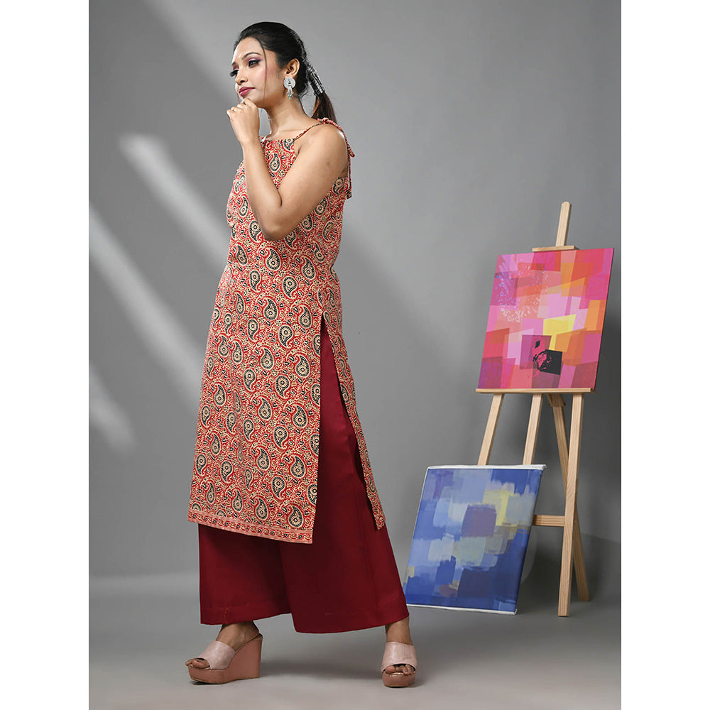 CHARUKRITI Red Cotton Paisley Printed Kurta with Noodle Straps and Palazzo (Set of 2)