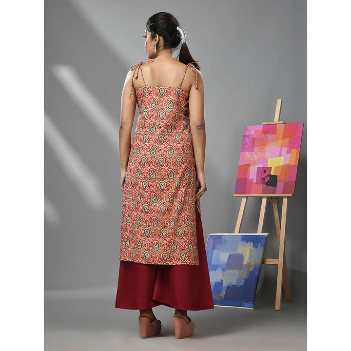 CHARUKRITI Red Cotton Paisley Printed Kurta with Noodle Straps and Palazzo (Set of 2)