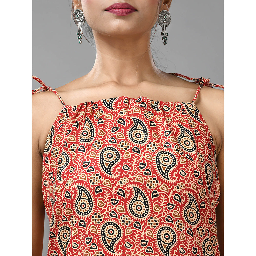 CHARUKRITI Red Cotton Paisley Printed Kurta with Noodle Straps and Palazzo (Set of 2)