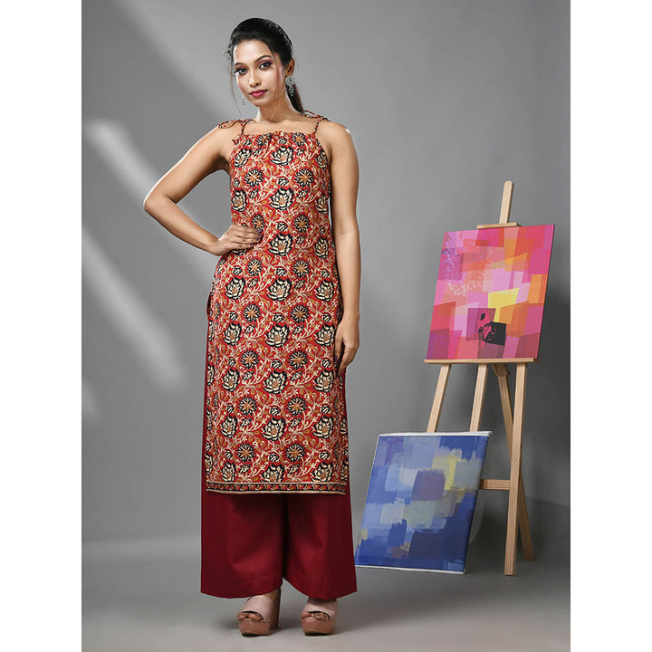 CHARUKRITI Dark Red Cotton Floral Printed Kurta with Noodle Straps and Palazzo (Set of 2)