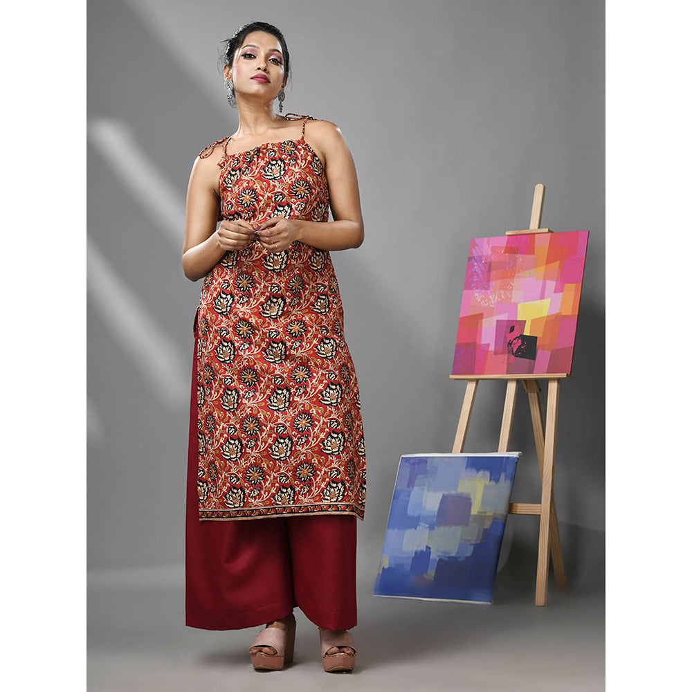 CHARUKRITI Dark Red Cotton Floral Printed Kurta with Noodle Straps and Palazzo (Set of 2)