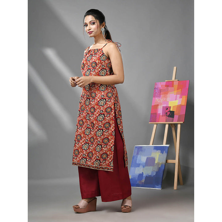 CHARUKRITI Dark Red Cotton Floral Printed Kurta with Noodle Straps and Palazzo (Set of 2)