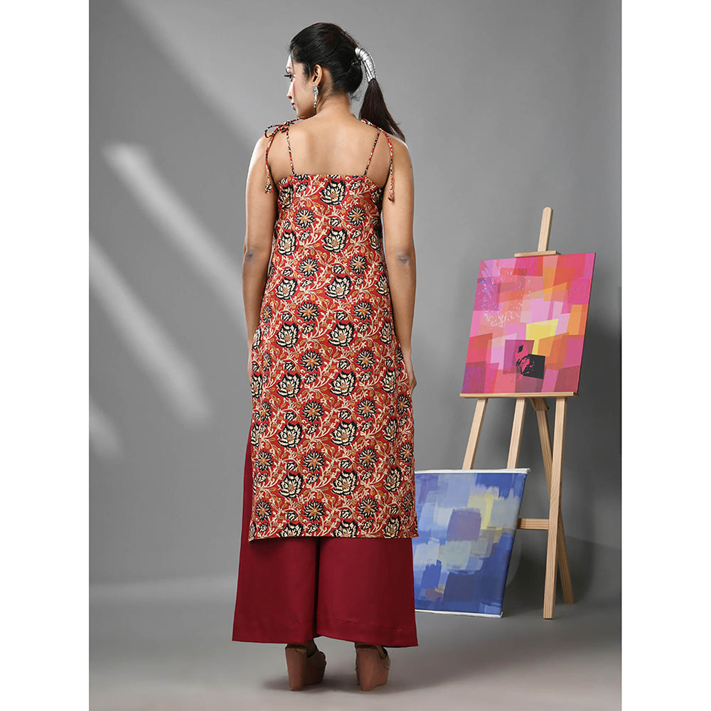 CHARUKRITI Dark Red Cotton Floral Printed Kurta with Noodle Straps and Palazzo (Set of 2)