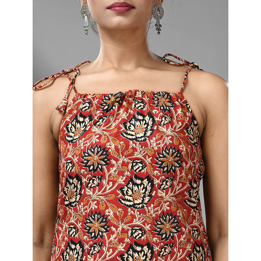 CHARUKRITI Dark Red Cotton Floral Printed Kurta with Noodle Straps and Palazzo (Set of 2)