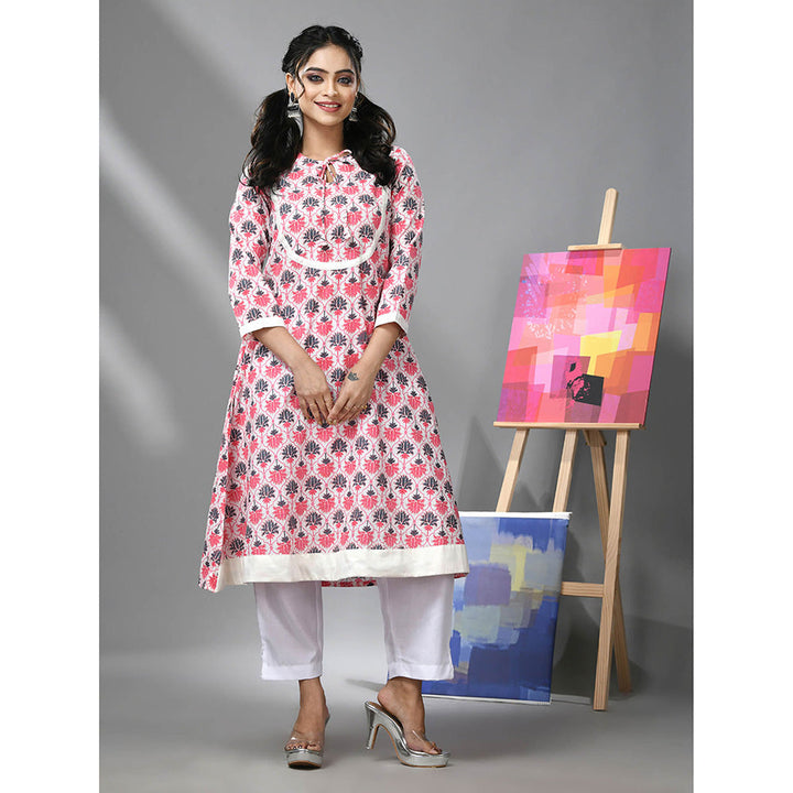 CHARUKRITI Pink and White Cotton Floral Printed Kurta with Pant (Set of 2)