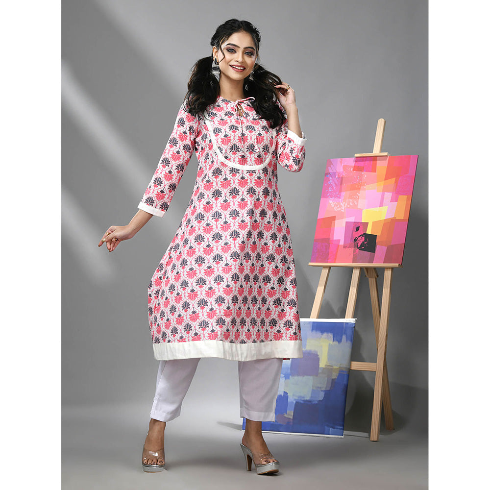 CHARUKRITI Pink and White Cotton Floral Printed Kurta with Pant (Set of 2)