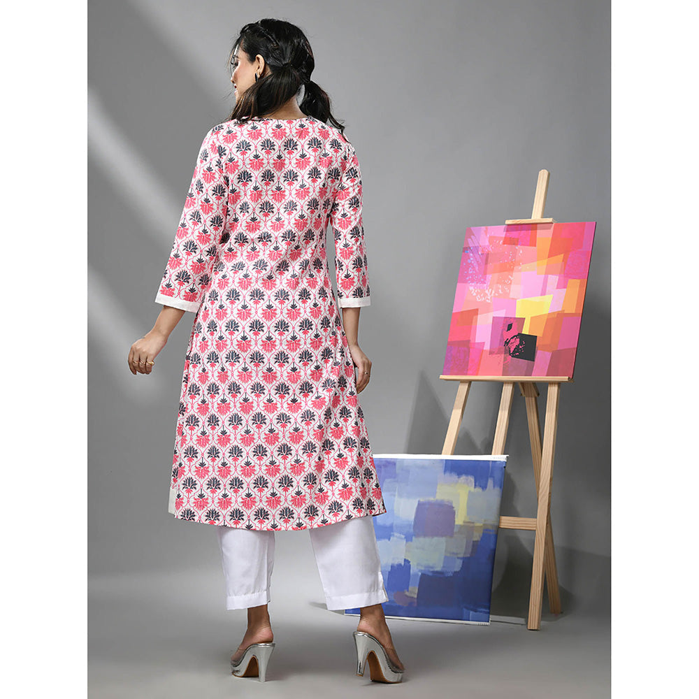 CHARUKRITI Pink and White Cotton Floral Printed Kurta with Pant (Set of 2)