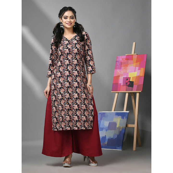 CHARUKRITI Black and Maroon Cotton Floral Printed Kurta with Palazzo (Set of 2)