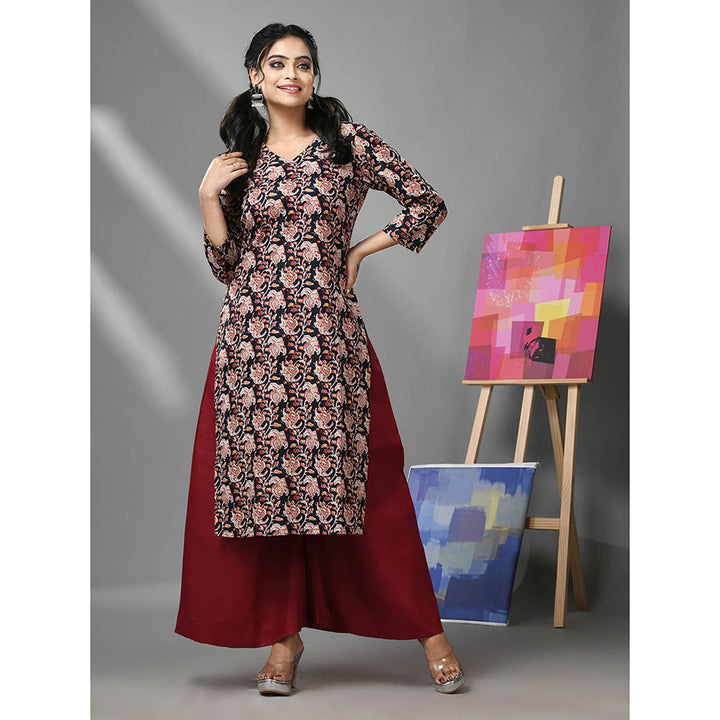 CHARUKRITI Black and Maroon Cotton Floral Printed Kurta with Palazzo (Set of 2)