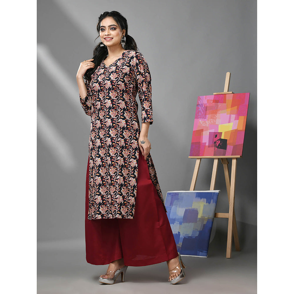 CHARUKRITI Black and Maroon Cotton Floral Printed Kurta with Palazzo (Set of 2)