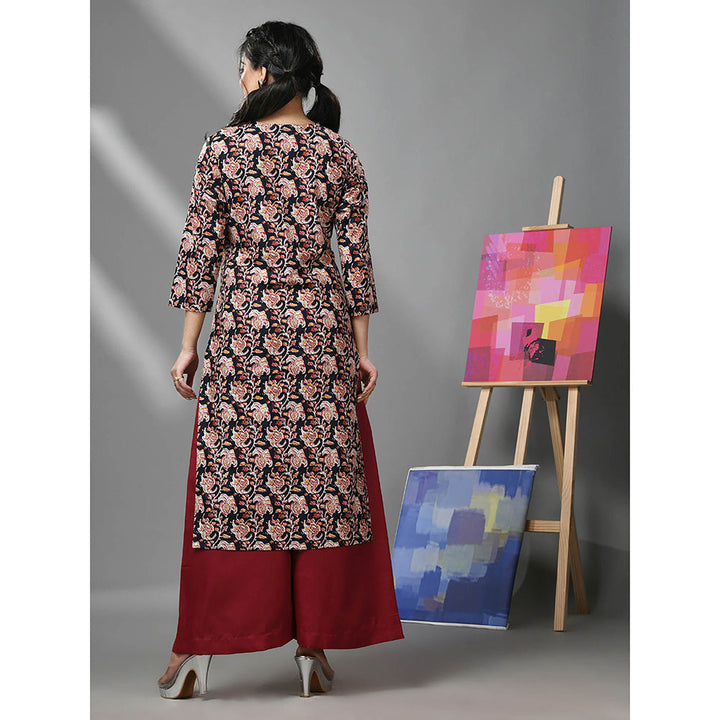 CHARUKRITI Black and Maroon Cotton Floral Printed Kurta with Palazzo (Set of 2)