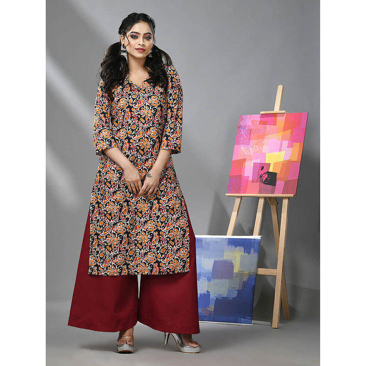 CHARUKRITI Black and Maroon Cotton Paisley Printed Kurta with Palazzo (Set of 2)