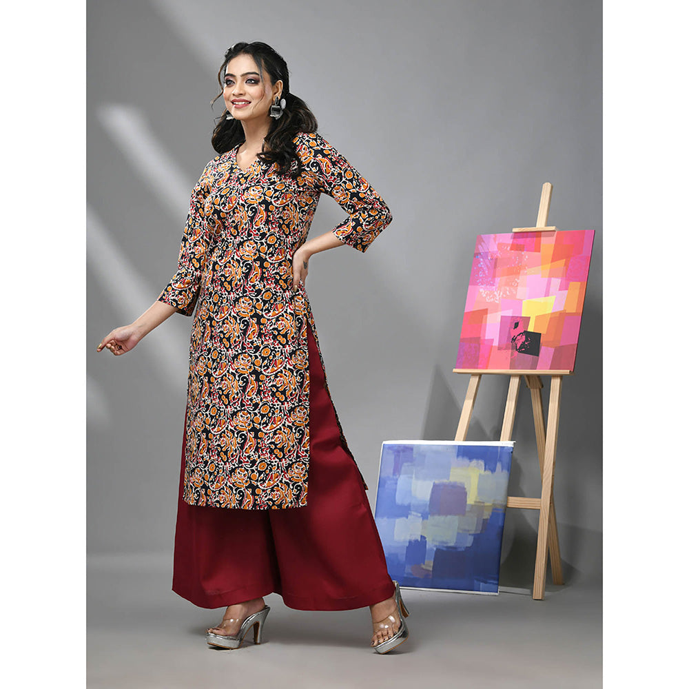 CHARUKRITI Black and Maroon Cotton Paisley Printed Kurta with Palazzo (Set of 2)