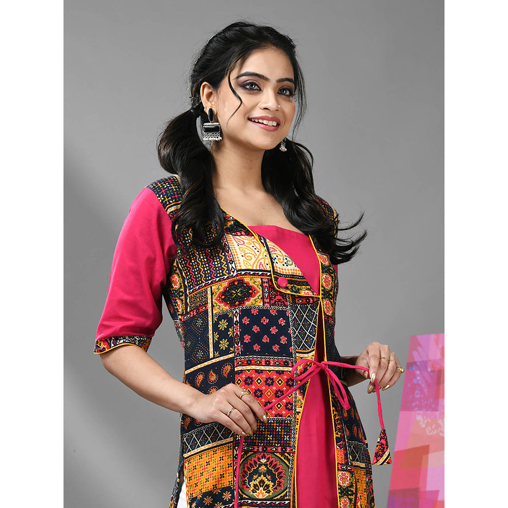 CHARUKRITI Fuchsia Pink Angrakha Style Printed Rayon Kurta