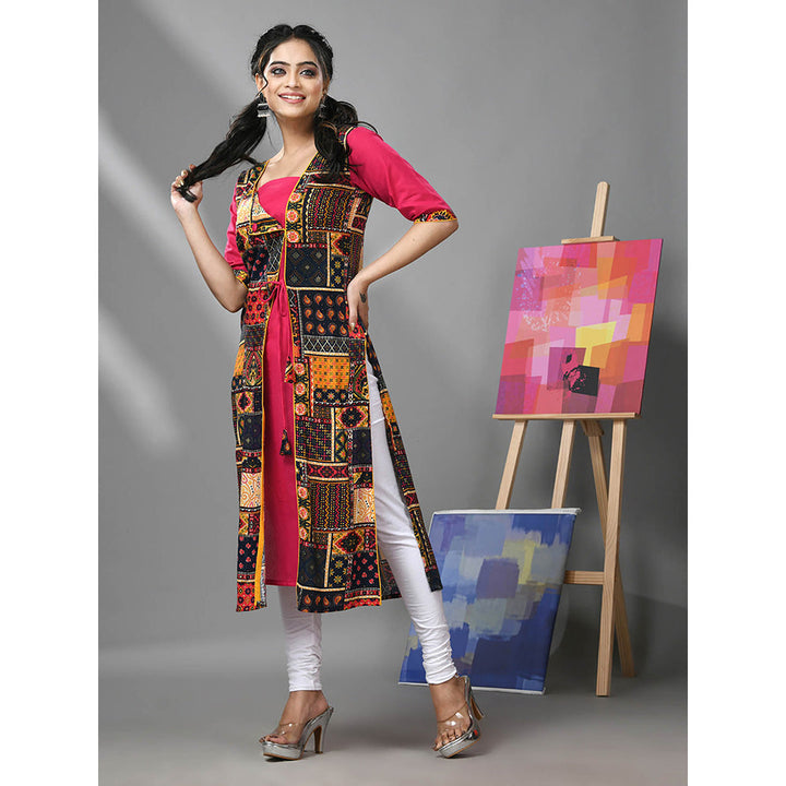 CHARUKRITI Fuchsia Pink Angrakha Style Printed Rayon Kurta