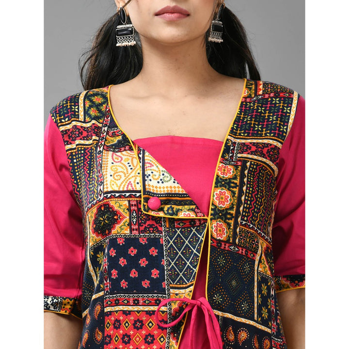 CHARUKRITI Fuchsia Pink Angrakha Style Printed Rayon Kurta