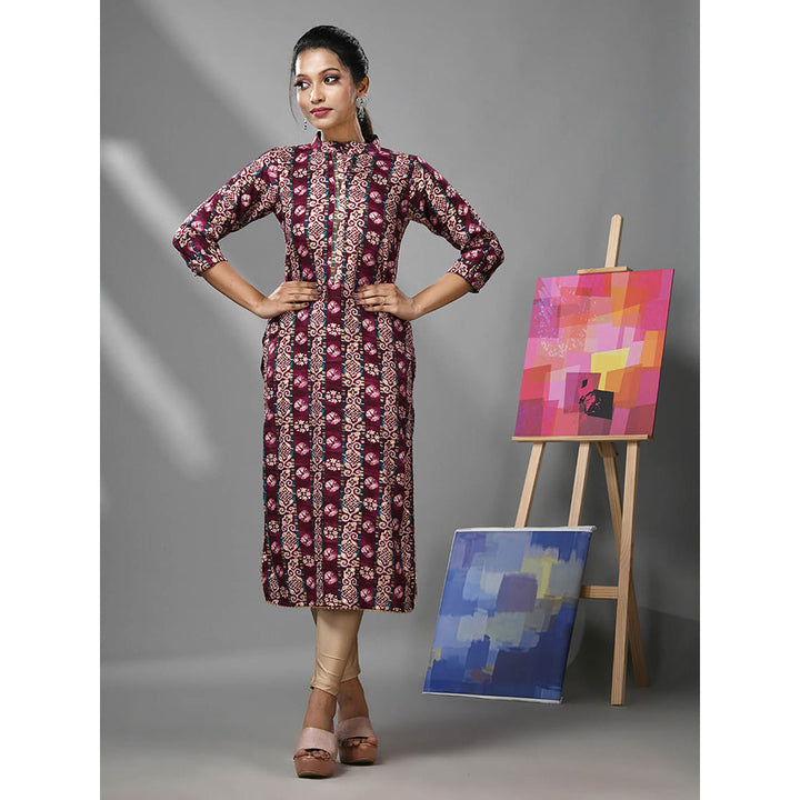 CHARUKRITI Plum Rayon Ethnic Printed Kurta