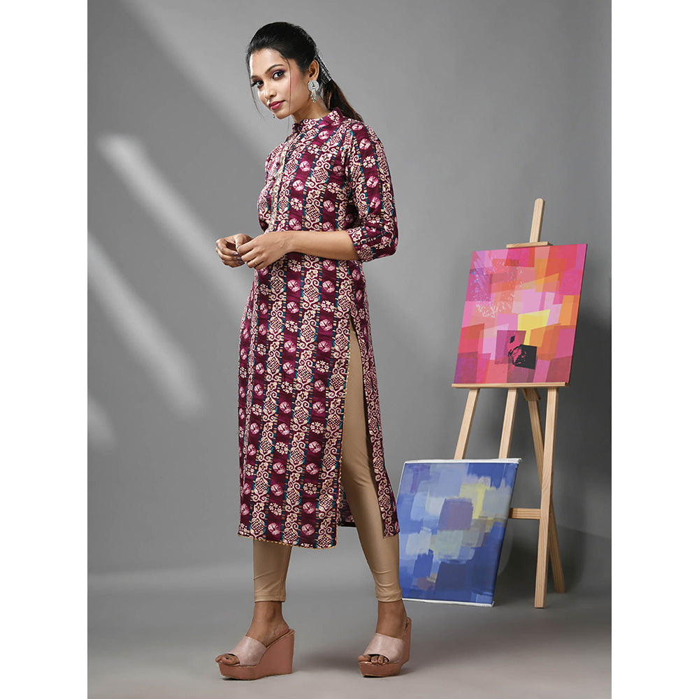 CHARUKRITI Plum Rayon Ethnic Printed Kurta