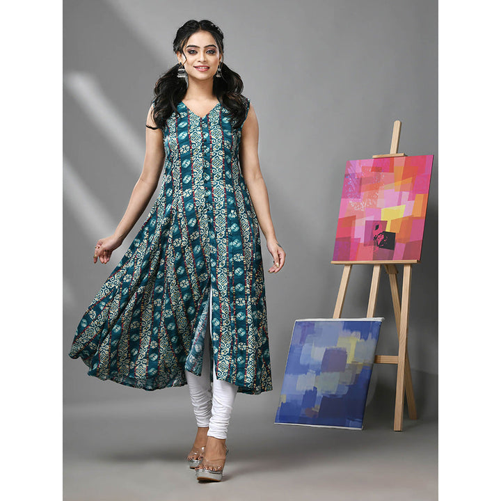 CHARUKRITI Teal Rayon Ethnic Prints Anarkali Kurta