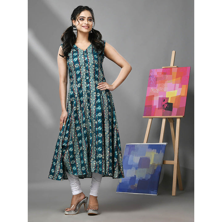 CHARUKRITI Teal Rayon Ethnic Prints Anarkali Kurta