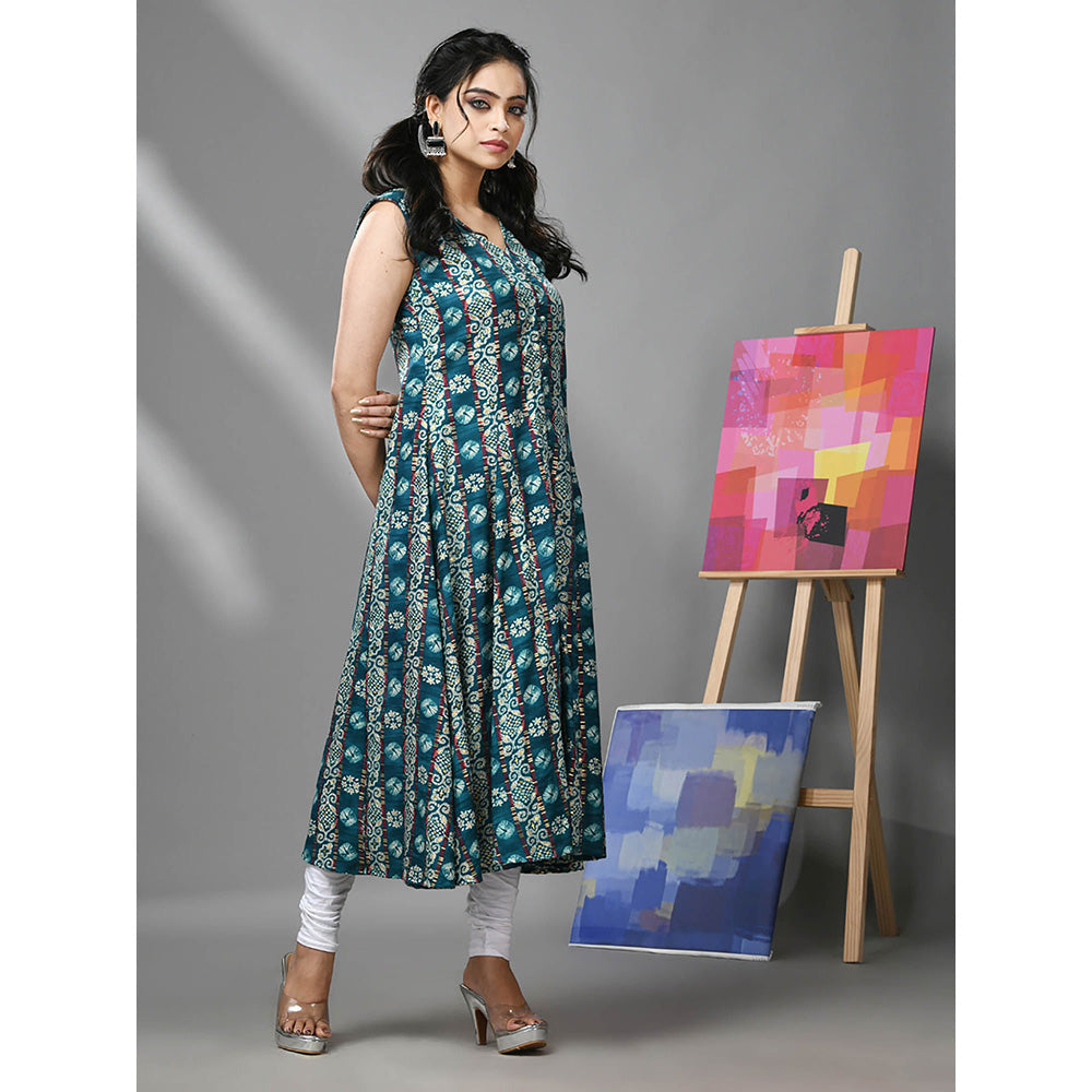 CHARUKRITI Teal Rayon Ethnic Prints Anarkali Kurta