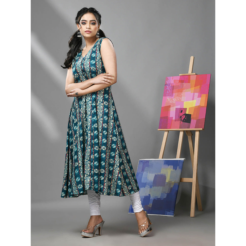 CHARUKRITI Teal Rayon Ethnic Prints Anarkali Kurta