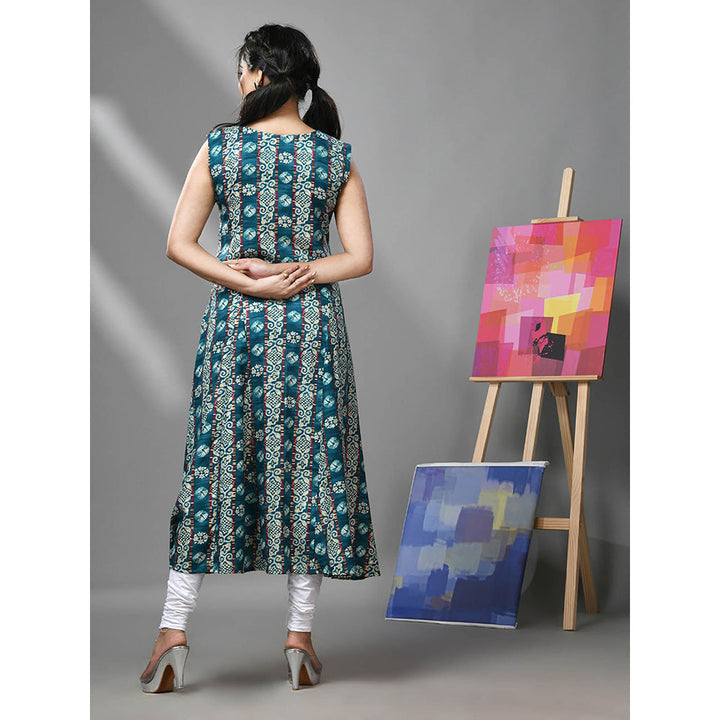 CHARUKRITI Teal Rayon Ethnic Prints Anarkali Kurta