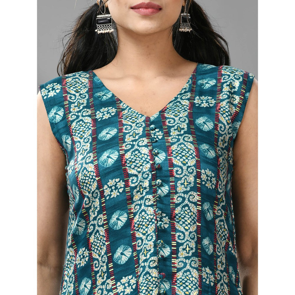 CHARUKRITI Teal Rayon Ethnic Prints Anarkali Kurta