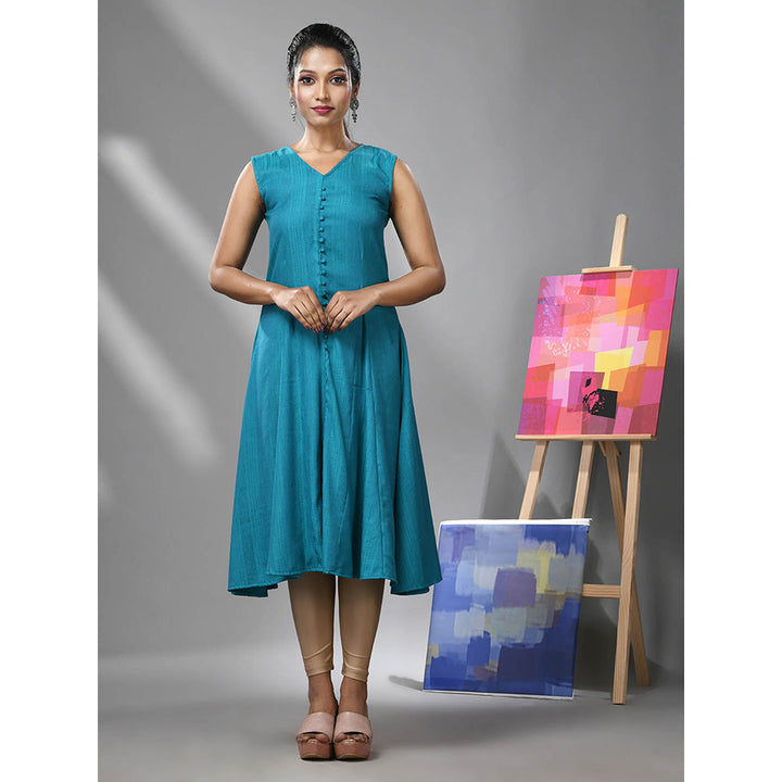 CHARUKRITI Sapphire Blue Rayon Self-Woven Pattern Kurta