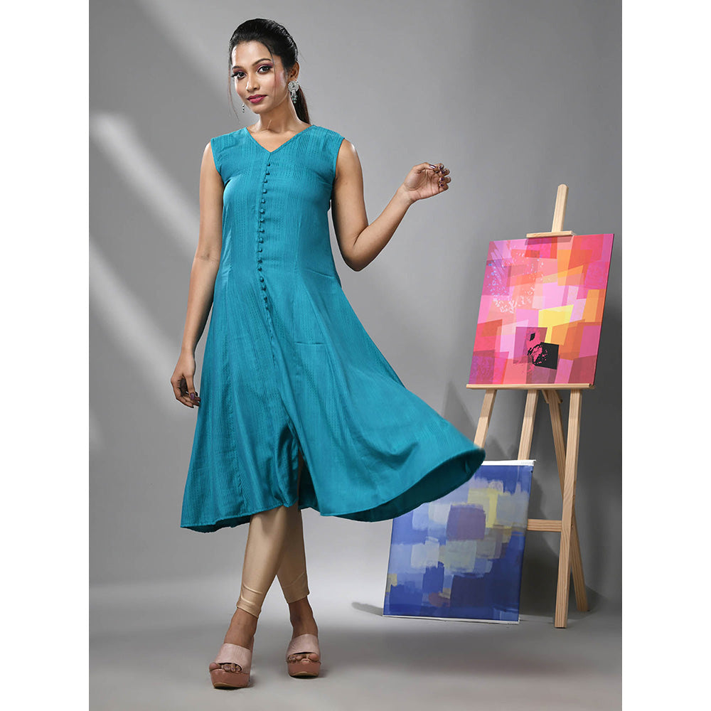 CHARUKRITI Sapphire Blue Rayon Self-Woven Pattern Kurta