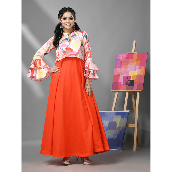 CHARUKRITI Orange Cotton Solid Gown with Printed Cropped Jacket (Set of 2)