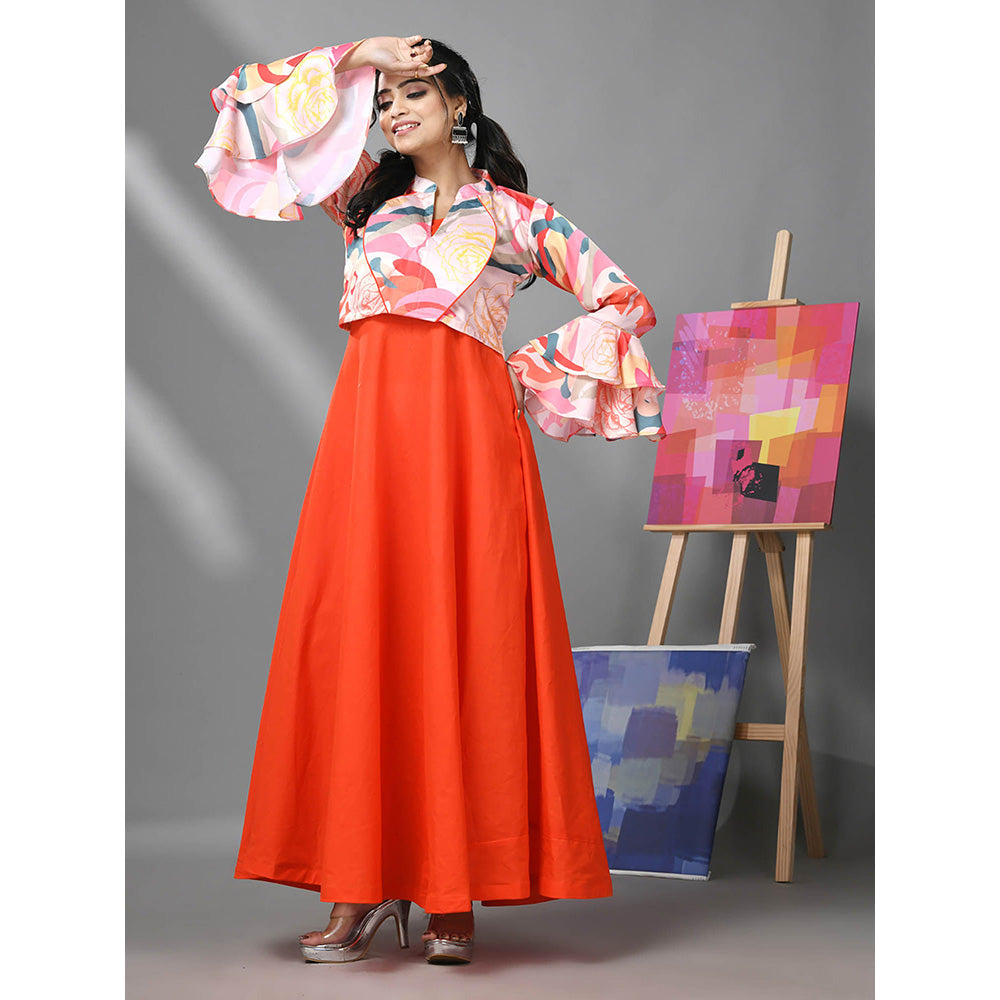 CHARUKRITI Orange Cotton Solid Gown with Printed Cropped Jacket (Set of 2)