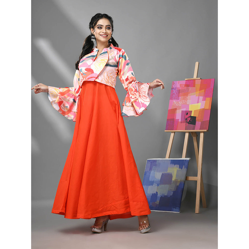 CHARUKRITI Orange Cotton Solid Gown with Printed Cropped Jacket (Set of 2)