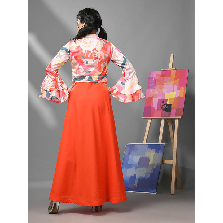 CHARUKRITI Orange Cotton Solid Gown with Printed Cropped Jacket (Set of 2)