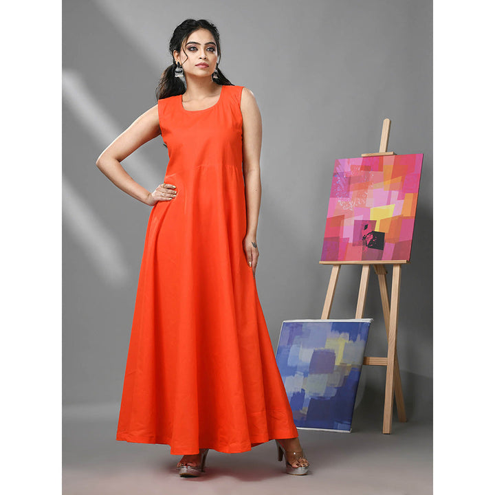 CHARUKRITI Orange Cotton Solid Gown with Printed Cropped Jacket (Set of 2)