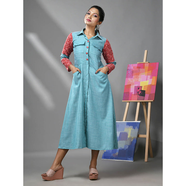 CHARUKRITI Sky Blue Cotton Printed Sleeves Dress