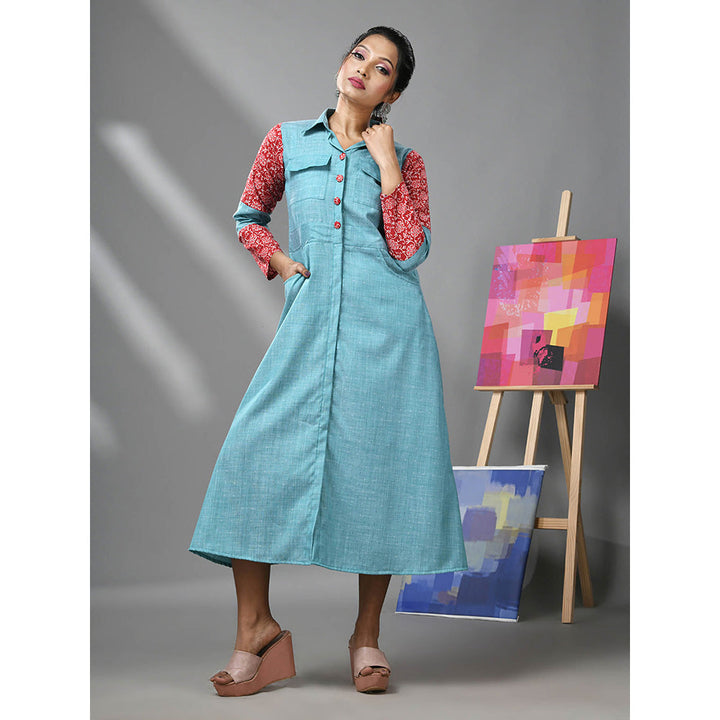 CHARUKRITI Sky Blue Cotton Printed Sleeves Dress