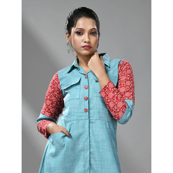 CHARUKRITI Sky Blue Cotton Printed Sleeves Dress