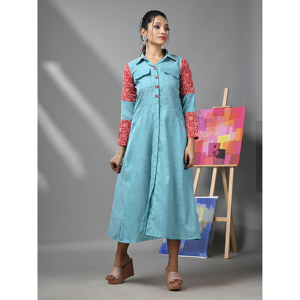 CHARUKRITI Sky Blue Cotton Printed Sleeves Dress