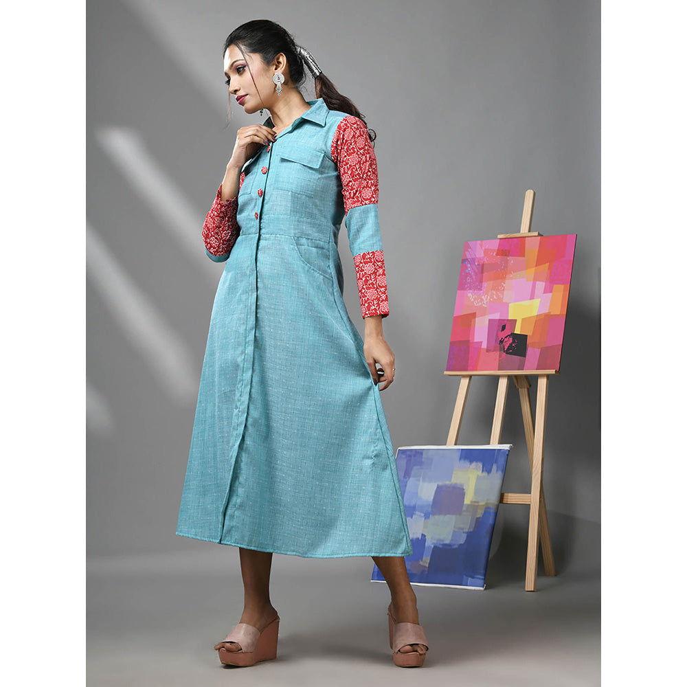 CHARUKRITI Sky Blue Cotton Printed Sleeves Dress