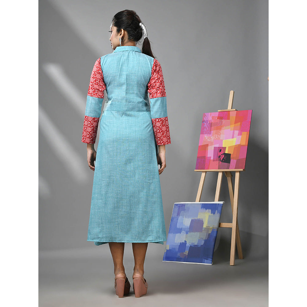 CHARUKRITI Sky Blue Cotton Printed Sleeves Dress