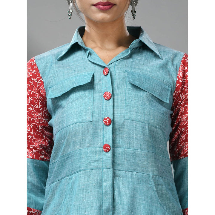 CHARUKRITI Sky Blue Cotton Printed Sleeves Dress