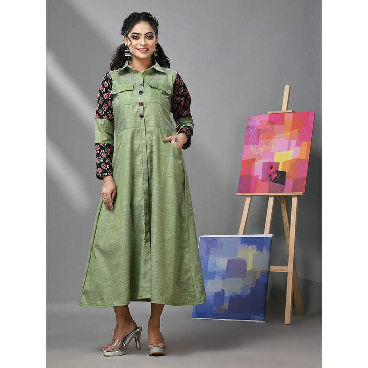 CHARUKRITI Pistachio Green Cotton Printed Sleeves Dress